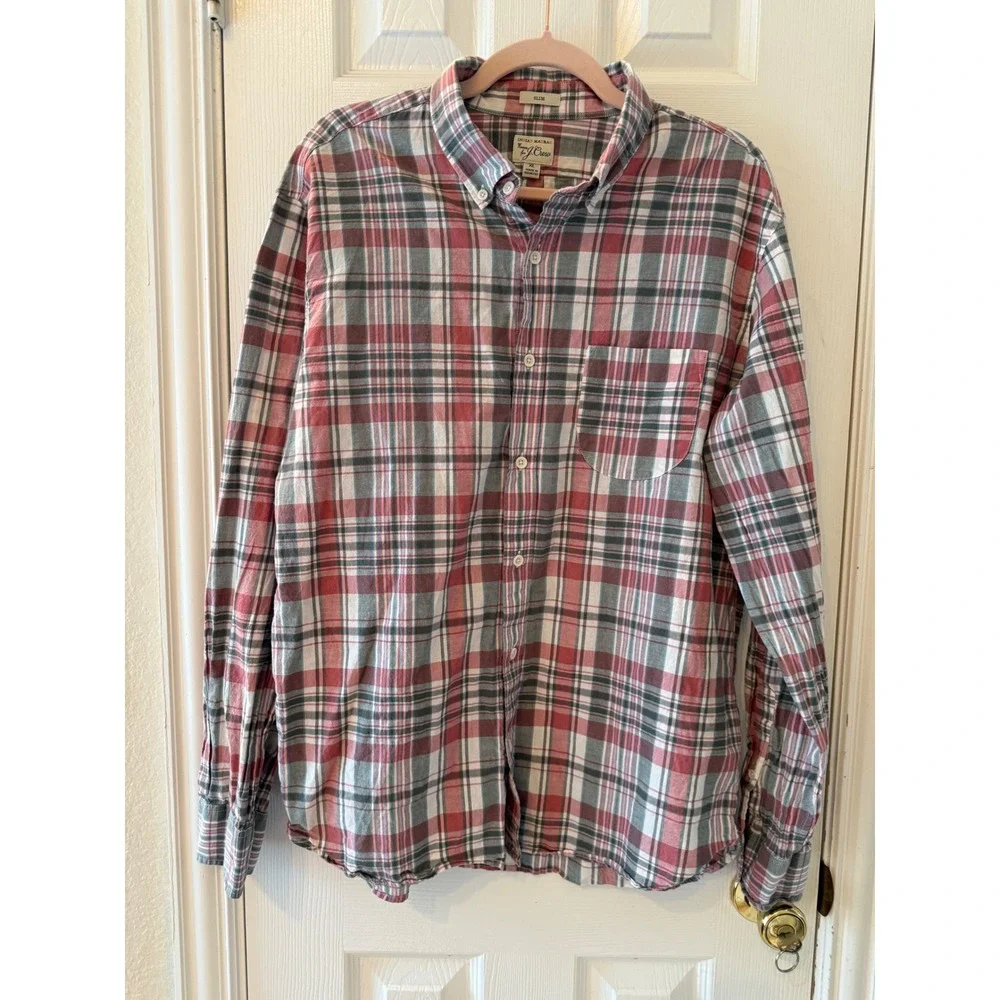J.Crew Indian Madras Slim‎ Fit Shirt XL Plaid Red Gray Blue 100% Cotton Preppy